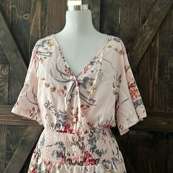 New Plus Size Floral Bohemian High Waist V Neck Long Summer Dress Dusty Pink - Picture 3 of 12